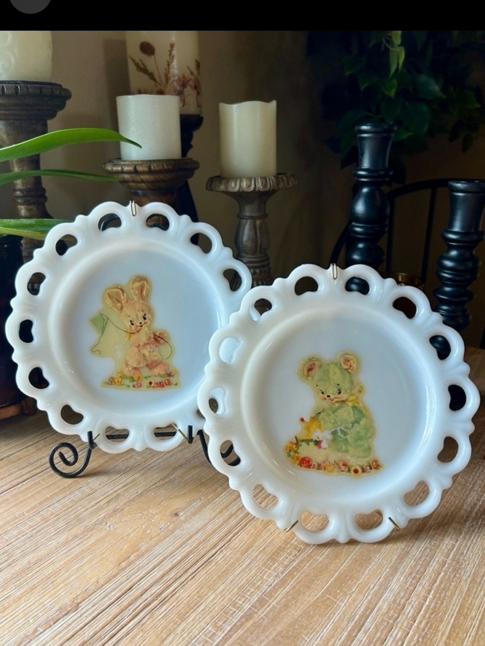 2 Vintage Milk Glass Decorative Lace Edge Plates Pastel Bunny/Mouse/Bear Motifs
